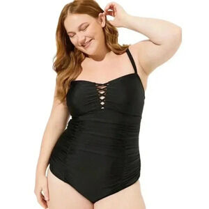 Torrid Slim Fix Wireless Lattice Front  One Piece Swimsuit Black Size 3